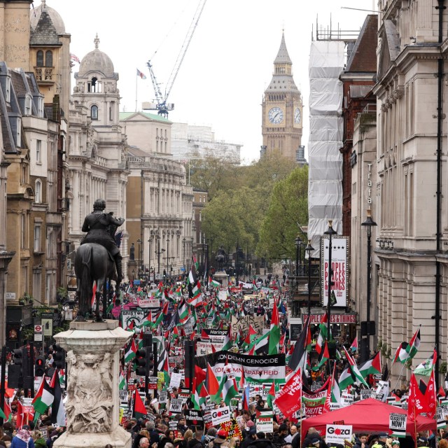 Article thumbnail: People protest during a march in solidarity with Palestinians in Gaza, amid the ongoing conflict between Israel and the Palestinian Islamist group Hamas, in London, Britain, April 27, 2024. REUTERS/Hollie Adams